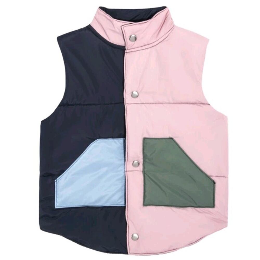 Maison Me Kids Girls Snap Puffer Vest Emery Color Blocked Pink Blue Split 4Y 4T